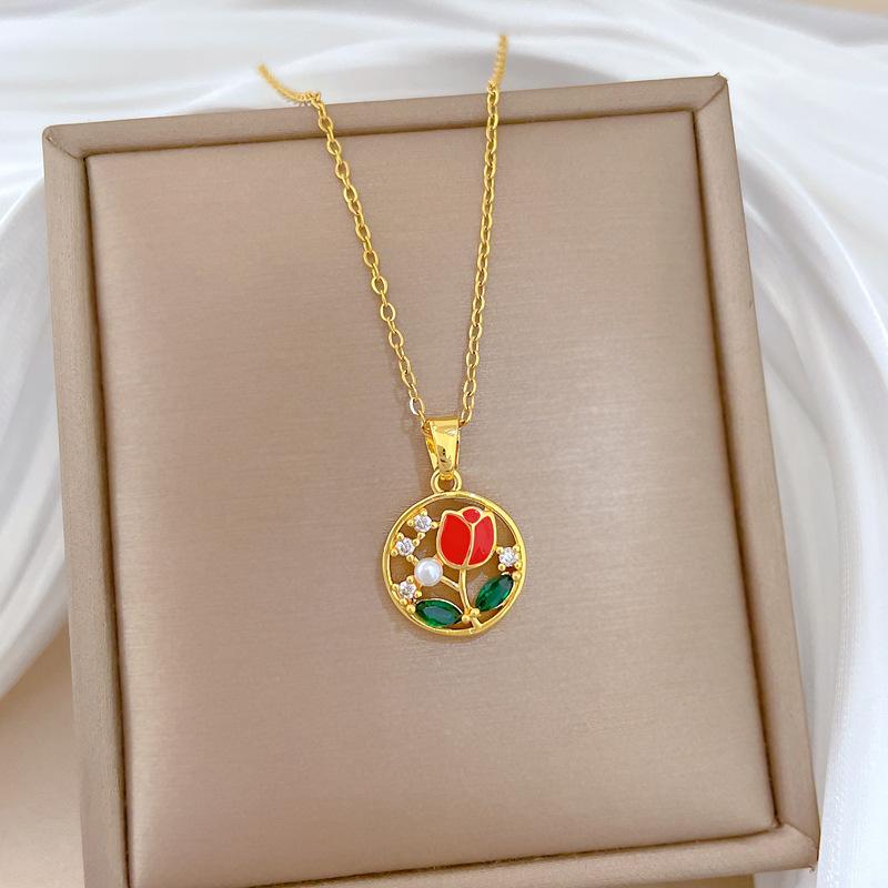 Titanium Steel, Dripping Rose Light Luxury Temperament Gorgeous Full Diamond Necklace Female Versatile Collarbone Chain Titanium Steel