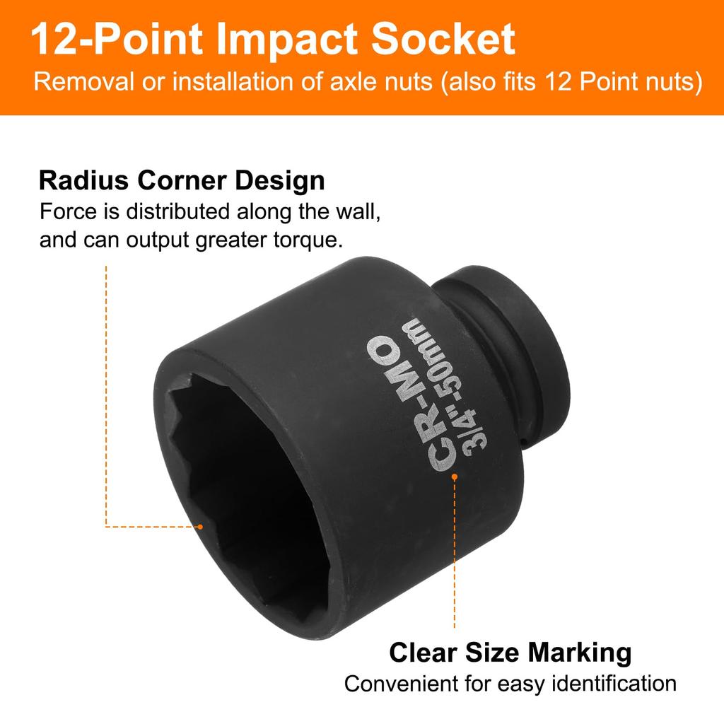 uxcell 2pcs 3/4 Inch Drive 12-Point Impact Socket 50mm Metric Spindle Axle Nut Socket Driver Wrench for Easy Removal of Automotive Repairs