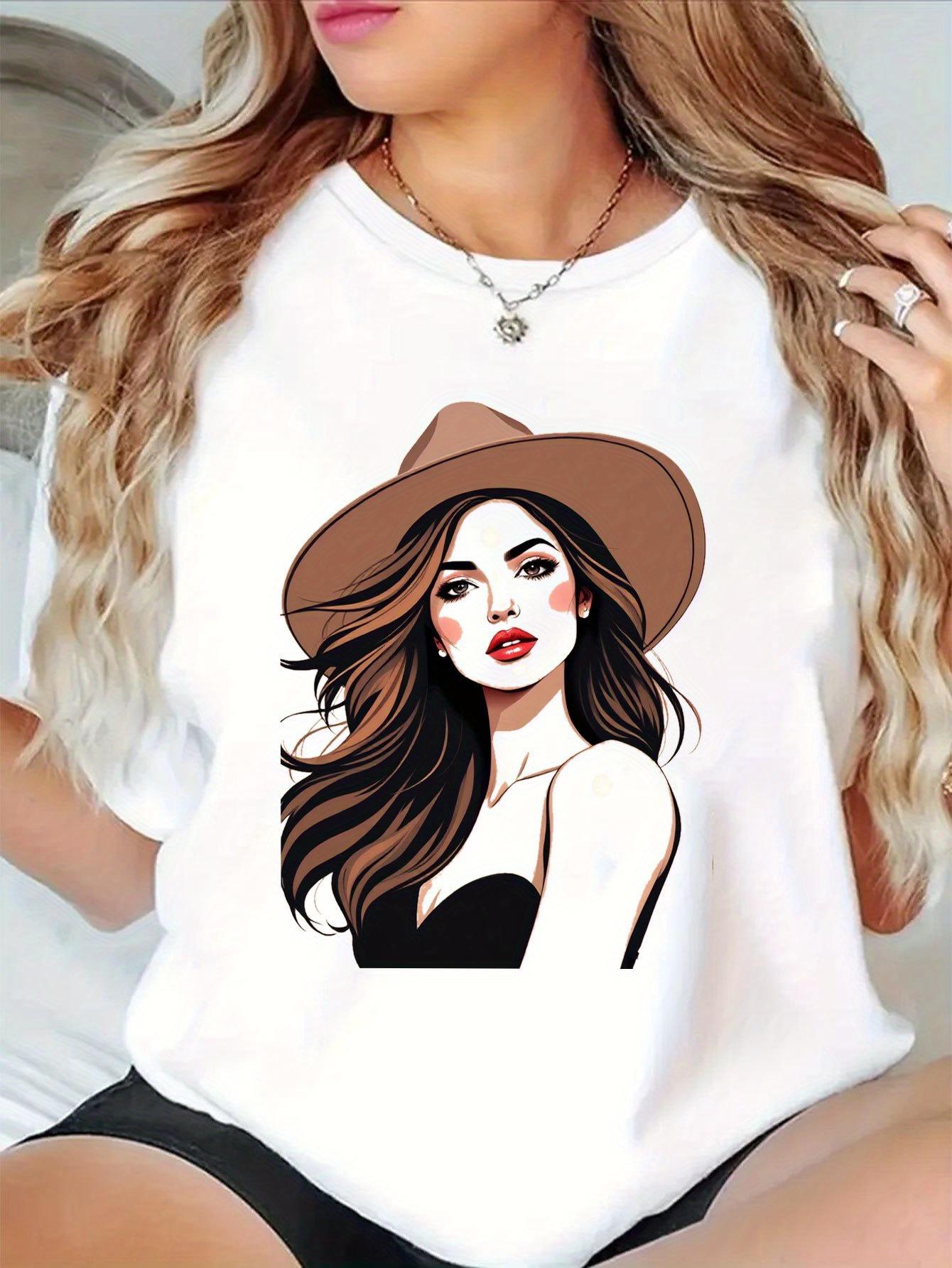 

Womens White Round Neck Sleeve Design Fashion Illustration A in Wide Brim Hat Cute and Slim Fitting for Both Aesthetic Clothes S