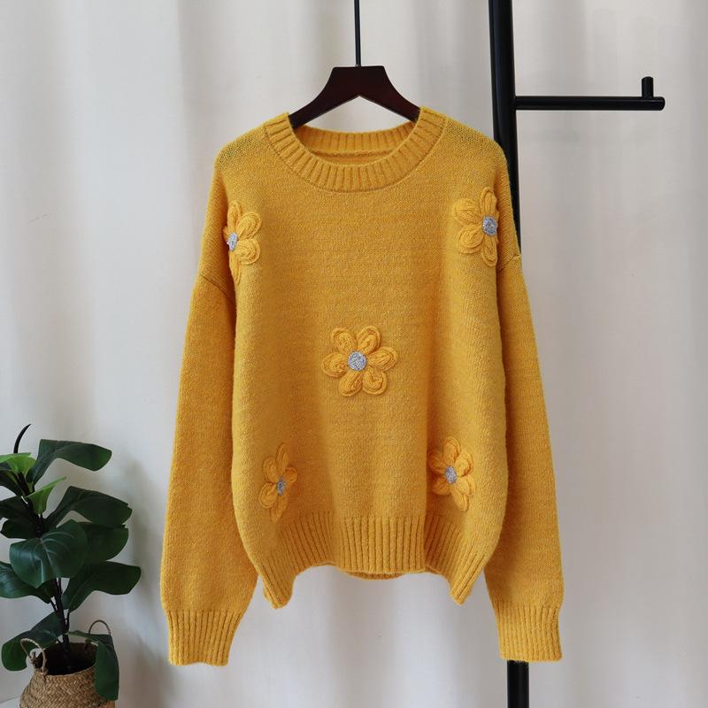 Autumn and Winter New Handmade Flower Knitted Sweater Top Design Sense Loose Soft Waxy Gentle Wind Sweater Pullover Women