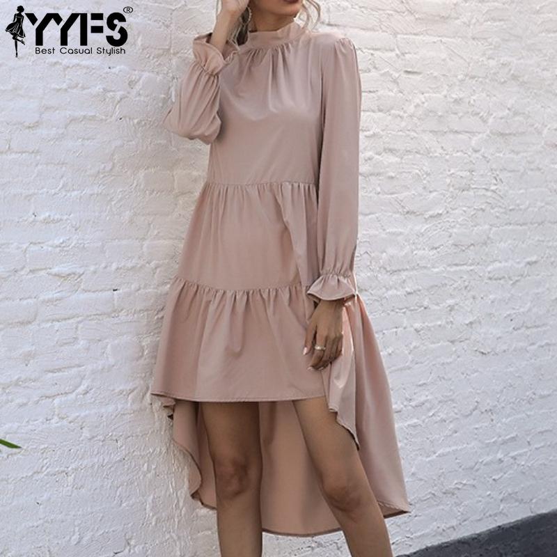 YYFS Women's Fashion Spring Fall Solid Color Print Long Sleeve Half Turtleneck Middle Waistline Casual Dresses
