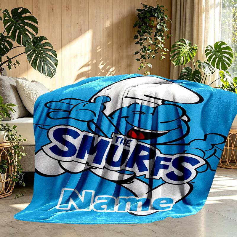 Custom Name Personalized Blue Smurfs Print Blanket, Home Decor, Bedroom, Sofa, Camping, Couch, Gifts for Birthday Christmas