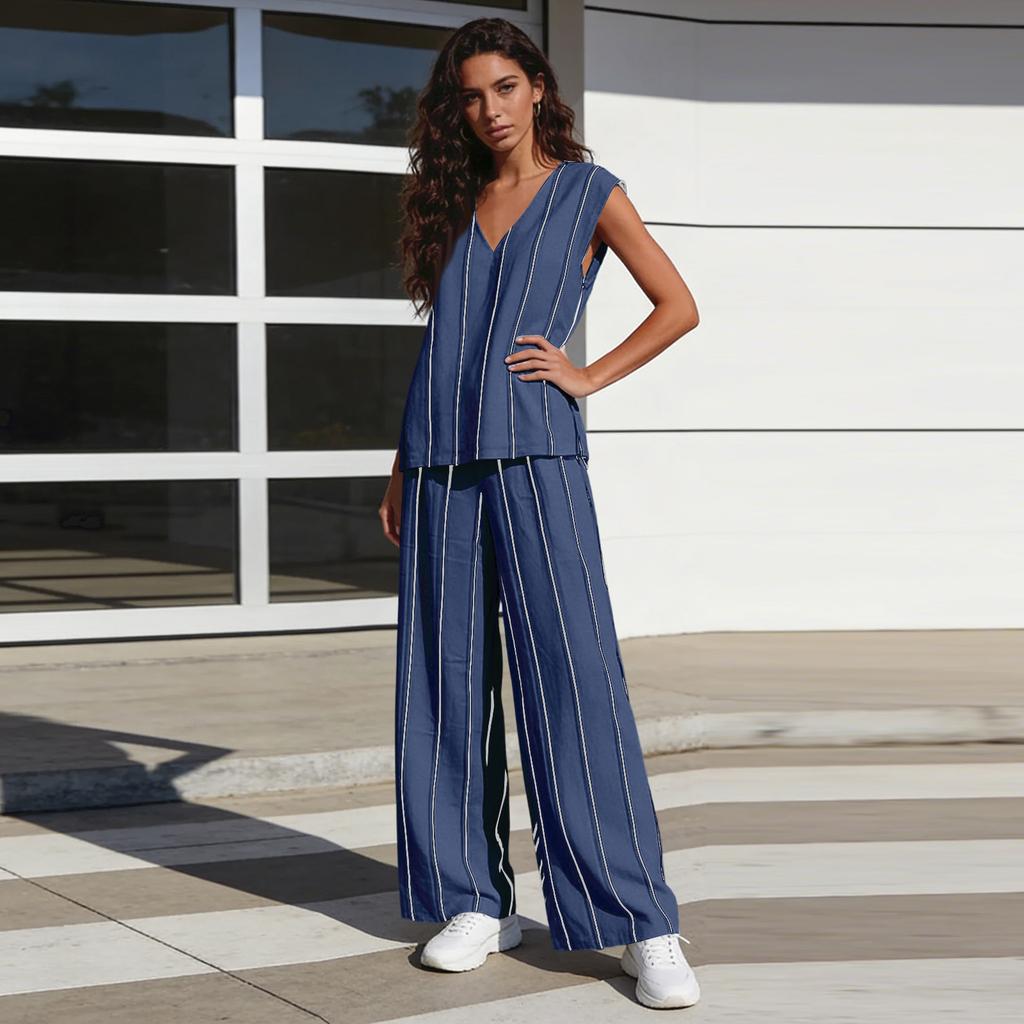 Ladies' Fashionable Casual V-neck Striped Top And Casual Pants Two-piece Set