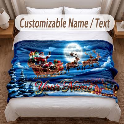 Christmas Theme Soft Blanket Personalized Custom Name Text Print Warm Blanket Home Sofa Bedroom Decor