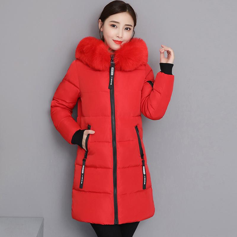 Women's Medium to Long Slim Fit Cotton Coat with Large Fur Collar