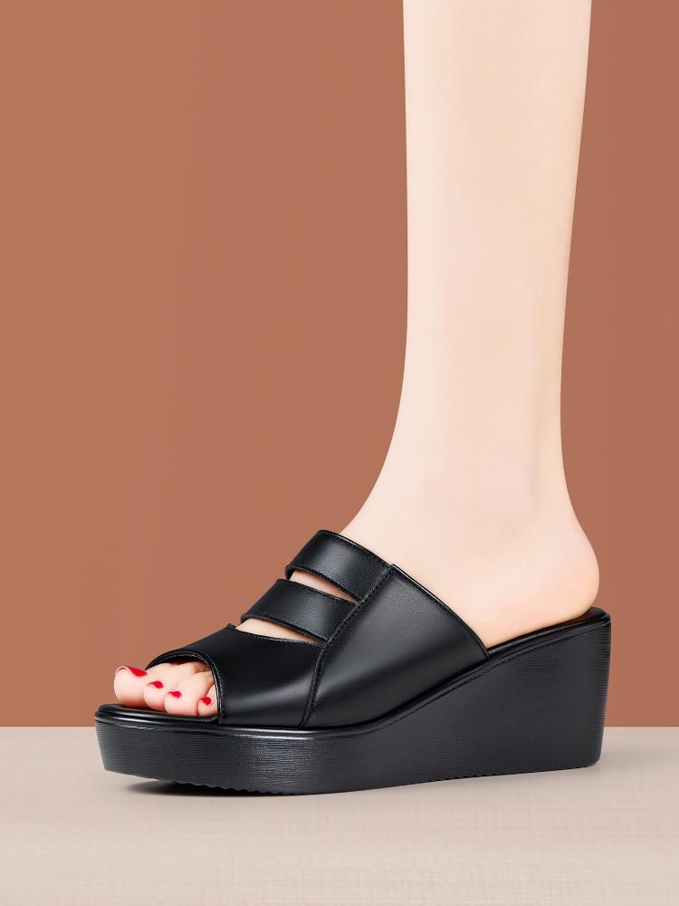 6cm All Match Comfortable Thick Bottom Flat Platform Shoes Soft Leather Slippers 2025 Med Heels Wedges Slides for Office Mom