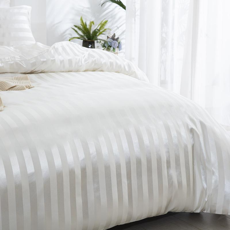 Satin Striped Duvet Cover Full/Queen/King/Single/Double Size Set, Luxury Silky Like Ivory White Stripe Duvet Cover Bedding Set