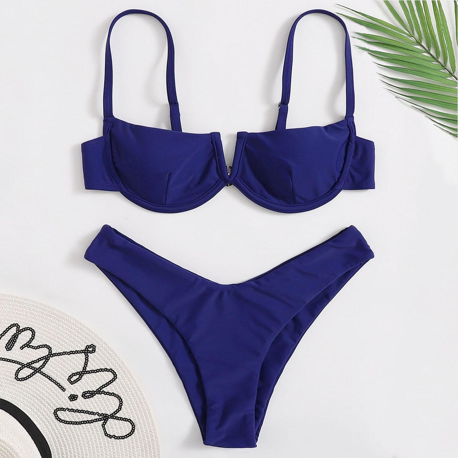

Woman Swimsuits Women S Summer Fashion Steel Push Up Two Piece Swimsuit Sexy Bikini Solid Color Swimsuit L тёмно-синий