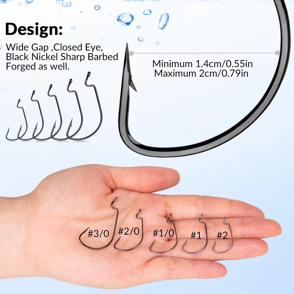 THKFISH Box Offset Hook Barbed Shank Worm Round Bend Wide Gap Offset High Carbon Steel Bass Fishing Sizes and 100-Piece Set, Hooks, Hooks, Hooks, #2,