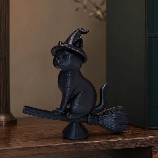 Matte Black Cat Sculpture Witch Figurine, Riding Broom Statue, 3D Printed Modern Decor Ornament, Collectible Desktop Decoration for Home Office