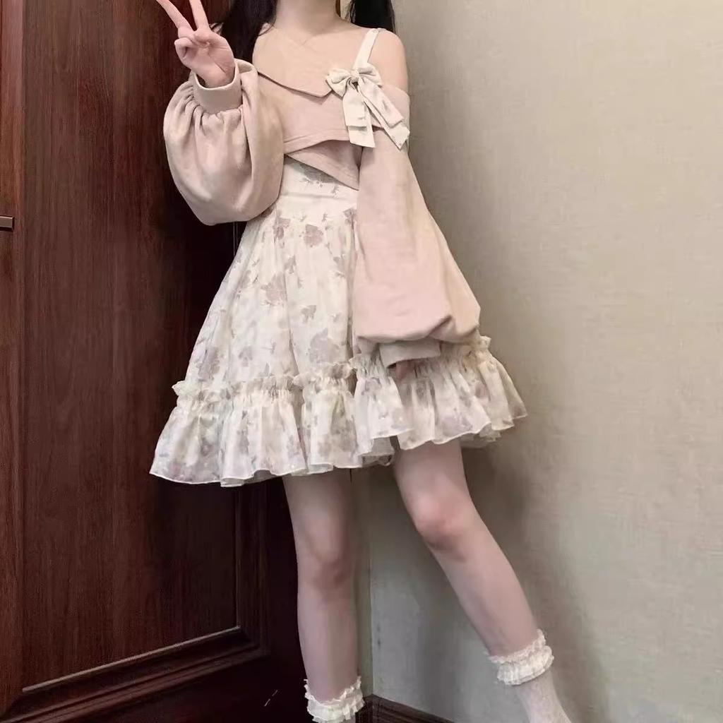 Sweet Lolita Style 2 Piece Dress Set Women Pink Bow Knitted Coat Kawaii Floral Mini Dress Female  Beach Party Suit