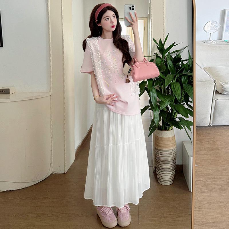 Korean Style Loose Embroidery T-shirt & Chiffon Skirt Maternity Set 2XL