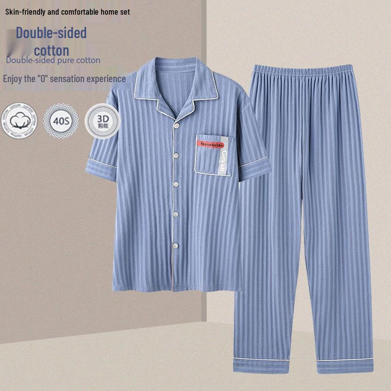 Herren Sommer Baumwollpyjama-Set: Kurzärmeliges Oberteil & Lange Hose, Leichtgewicht, Draußen tragbar, Einfache Übergrößen-Homewear