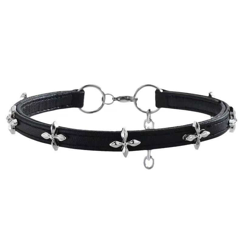 

1111 new dark cross flower stand choker collar women s niche design high-end necklace leather neck chain