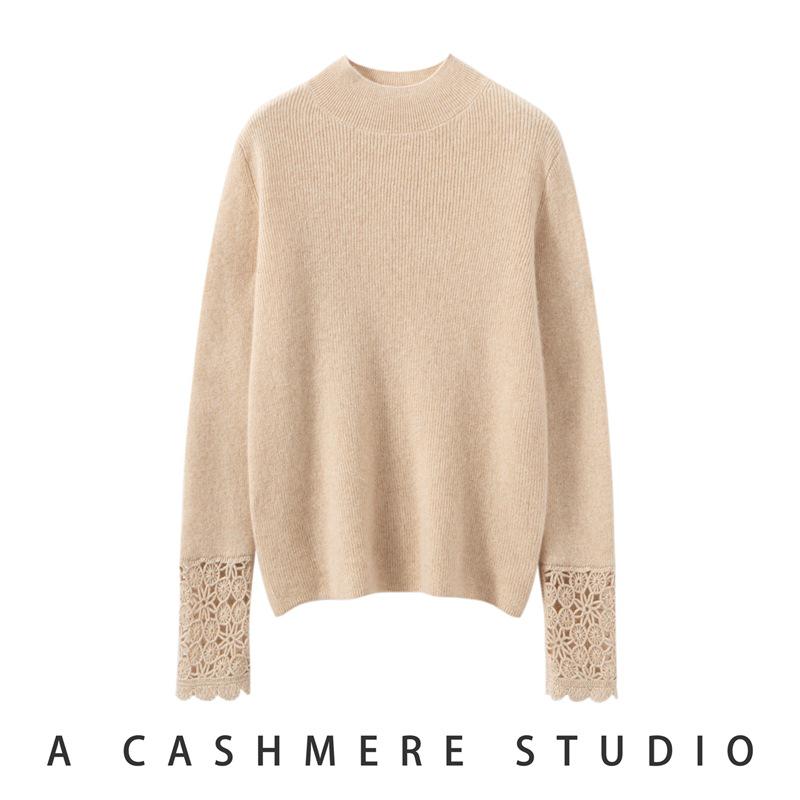Women's Hand-Crocheted Cashmere Sweater - Slim Fit, Half-High Collar, Long Sleeve, Solid Color, Autumn/Winter Collection