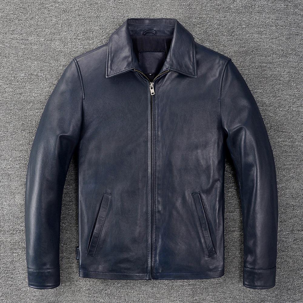 100% Natural Sheepskin Men Genuine Leather Jacket Casual Soft Thin Men's Leather Jacket Blue Coat Spring Autumn