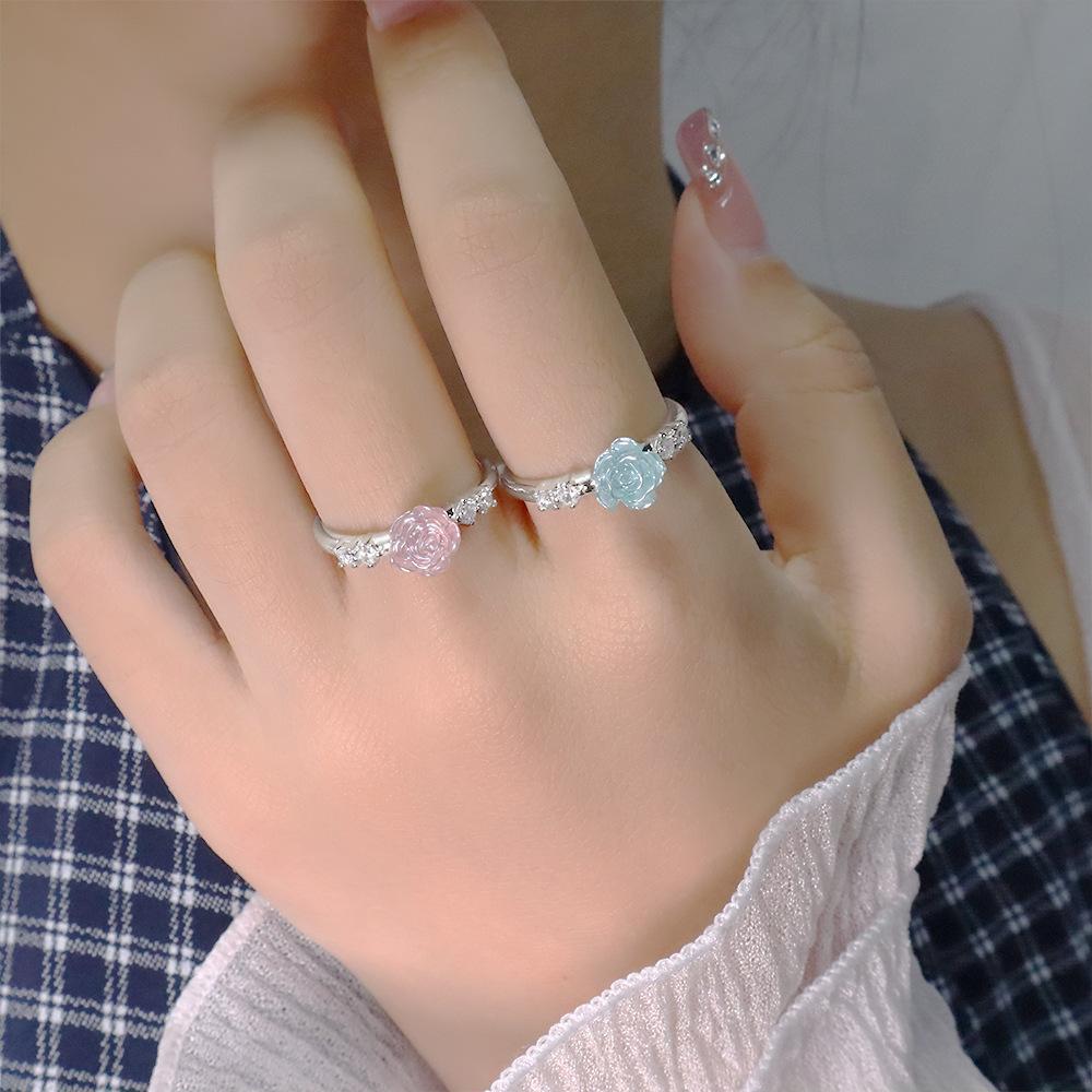 PONYKISS Silver Plating Zircon Rose Camellia Flower Adjustable Rings for Women Romantic Fashion Minimalist Accessories