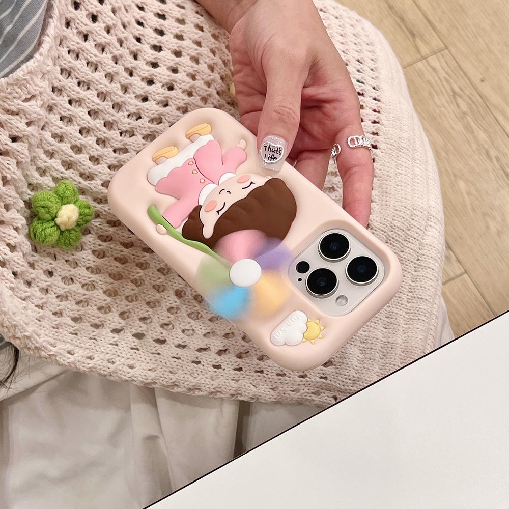 Cute 3D Cartoon Windmill Girl Shockproof Back Cover Funny Soft Silicone Phone Case For iPhone 16 15 14 13 12 Pro Max Capas