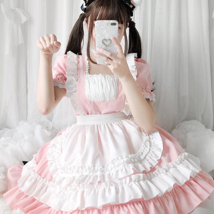 Women Pink Maid Outfit Costume Short Lolita Dress