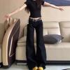 Women's Plus Size Black Wash Micro Flare Wide-Leg Jeans - Low Waist, Loose Draping, Floor-Length for Spring/Summer