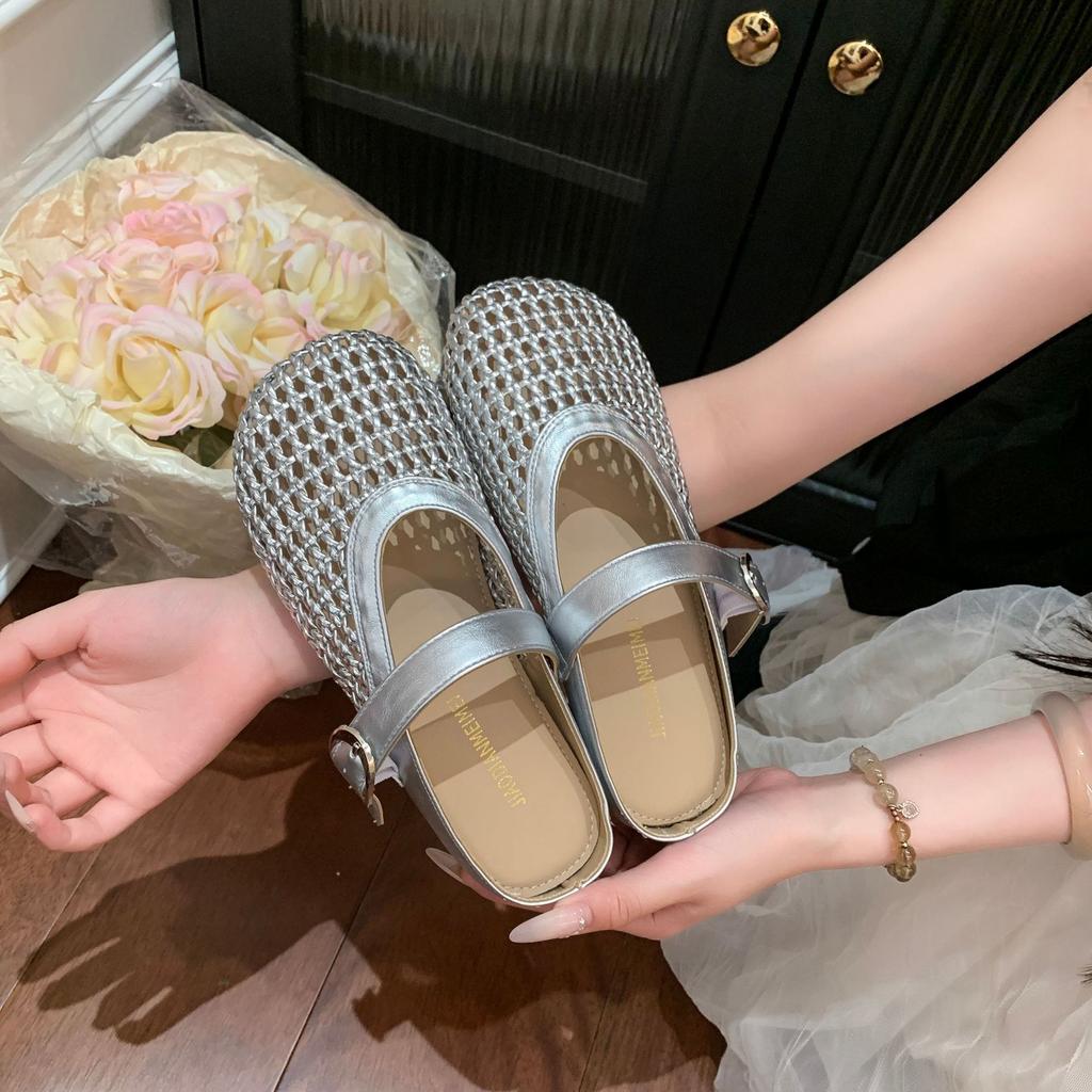 Woven Hollow Bag Head Half Slippers Women's Outer Wear 2025 Spring and Summer Retro Versatile Flat Soft Bottom Lazy Slippers Comfortable