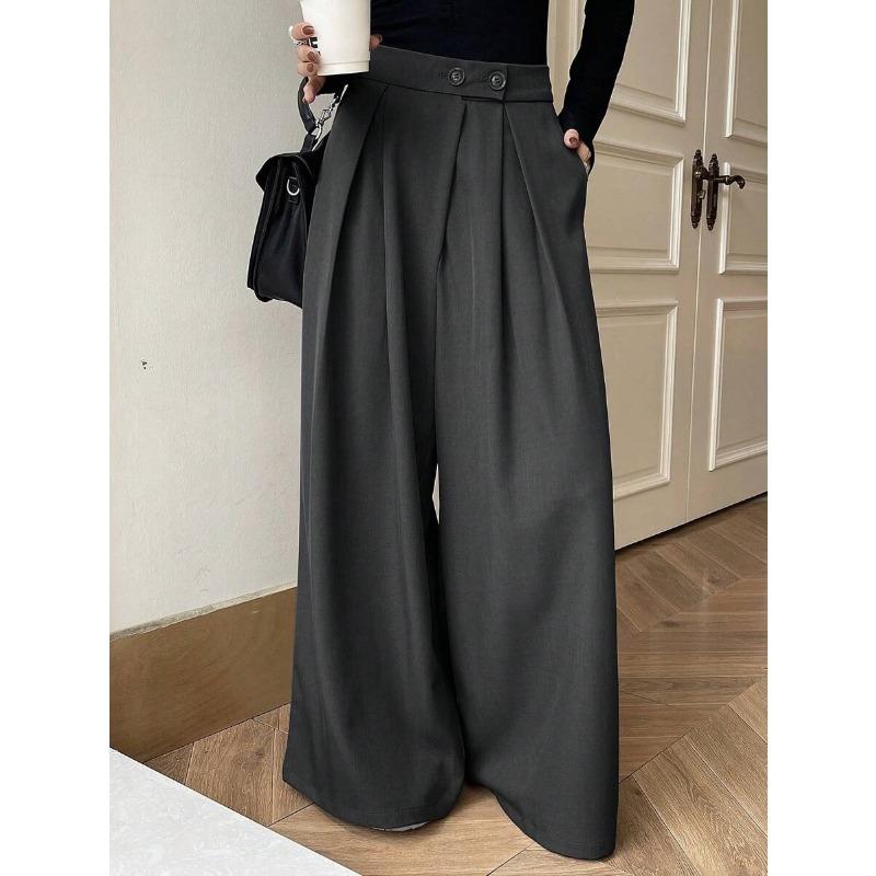 Damen High Waist Weiter Bein Gerader Lockerer Freizeit Anzug Hose