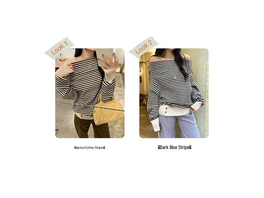 European One-Shoulder Striped Knit Sweater - Fitted Long Sleeve Top for Women, 2026 Spring/Autumn