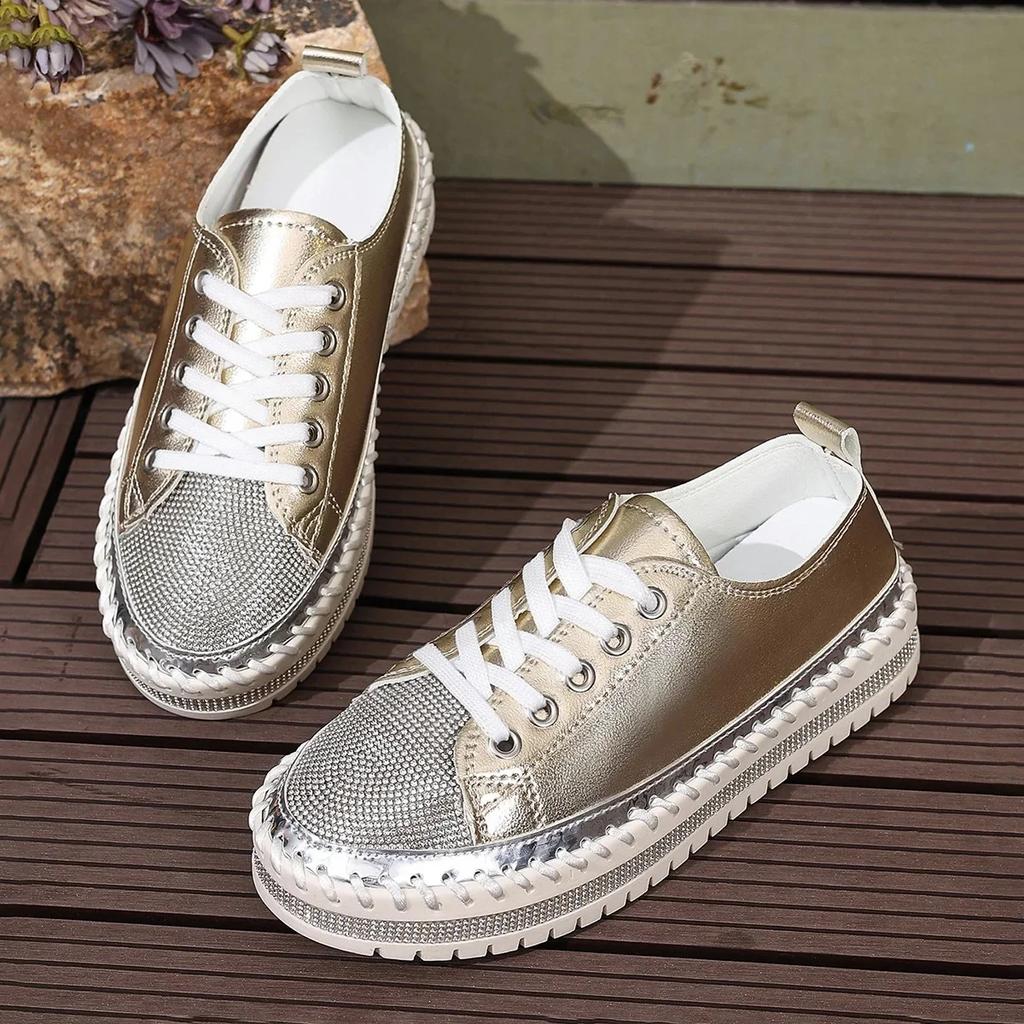 Plus Size 43 Women's Casual Flat Shoe 2025 New Style Rhinestone Design Woman Sneakers Comfortable Platform Shoe