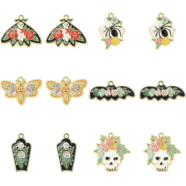 Ornazy 30 pcs 6 Styles Enamel Gothic Charms Halloween Enamel Dangle Charms Skull Skeleton Bone Rose Spider Moth Coffin Charms for Jewelry Making