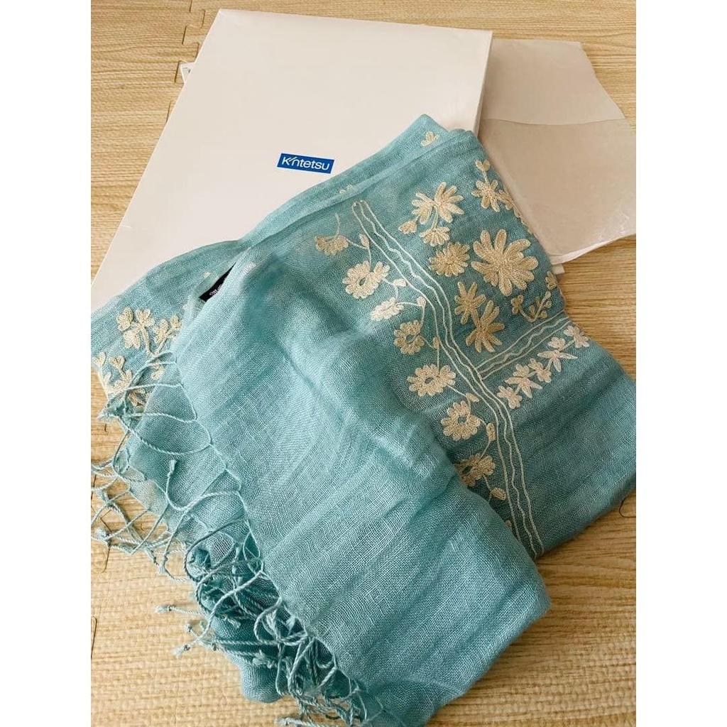 Used Floral embroidered stole light blue