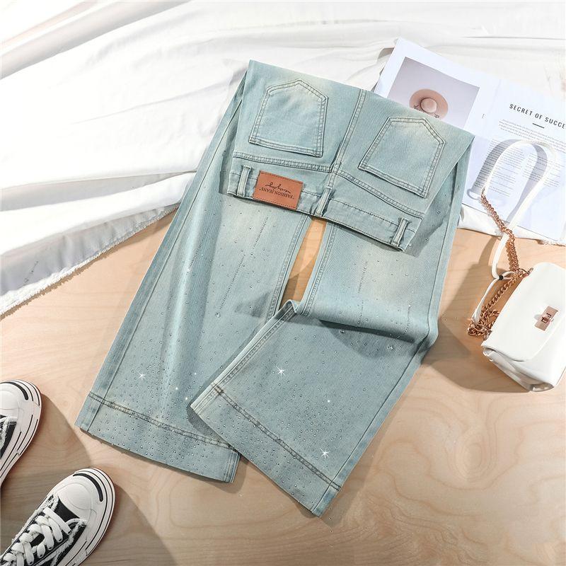 Spring Summer New Meteor Bling Rhinestone Non Cling Soft Comfort Relax Micro Flare Wide Leg Denim Pants For Women Casual Pants Oversize Denim Trousers