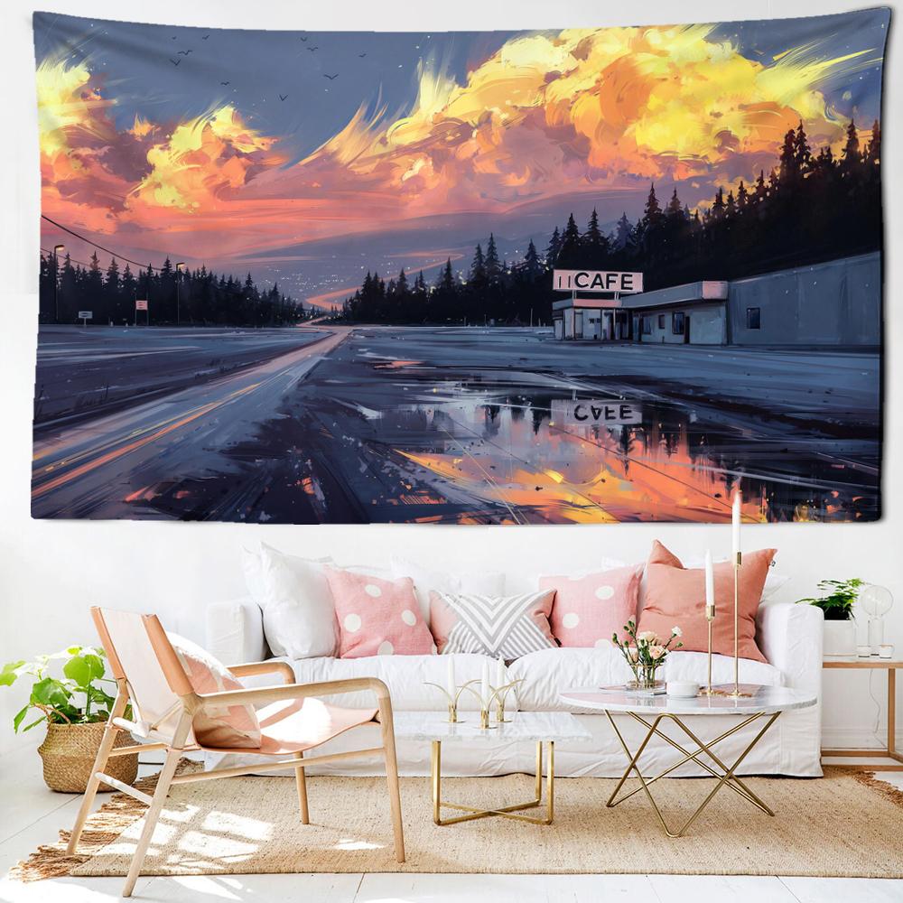 Arazzo da Parete Pittura a Olio Tramonto Cartone Animato Arte Moderna Minimalista Stile Bohemien Decorazione Camera da Letto Sfondo