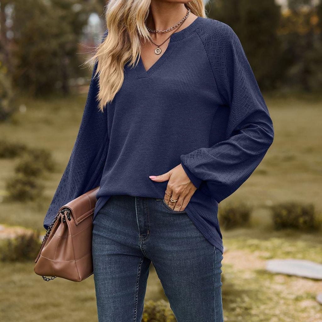 JKASHDK Damenmode, lässig, einfarbig, langärmelig, V-Ausschnitt, Blusen und Hemden