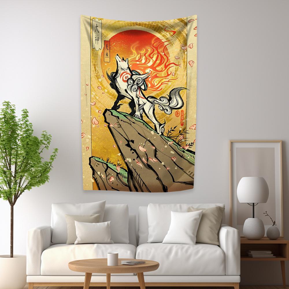 Okami Game Tapestry The Fire Wolf And Sun Art Flag Digital Prints Wall Hanging Covering For Bedroom Dorm Home And Garden Decor
