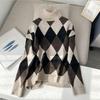 Women's Turtleneck Long Sleeve Sweater Oversized Loose Fit Argyle Color Block Knit Tunic Top Casual Winter Mid Length Pullover