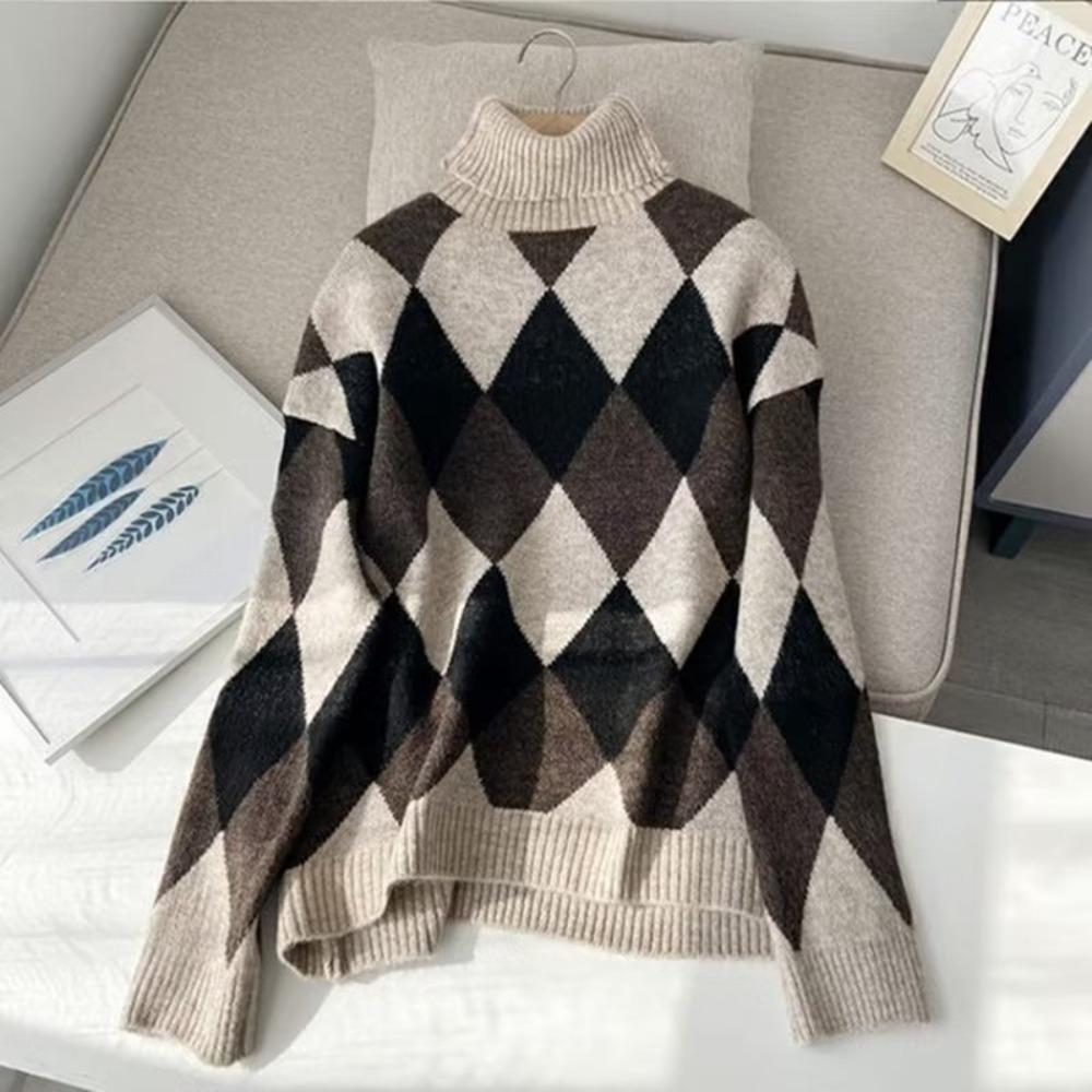 Women's Turtleneck Long Sleeve Sweater Oversized Loose Fit Argyle Color Block Knit Tunic Top Casual Winter Mid Length Pullover
