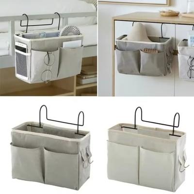 Canvas Bedside Storage Rack Foldable Multi-Pocket Bedside Hanging Basket Space Saving Adjustable Hook Bedroom Storage Organizer