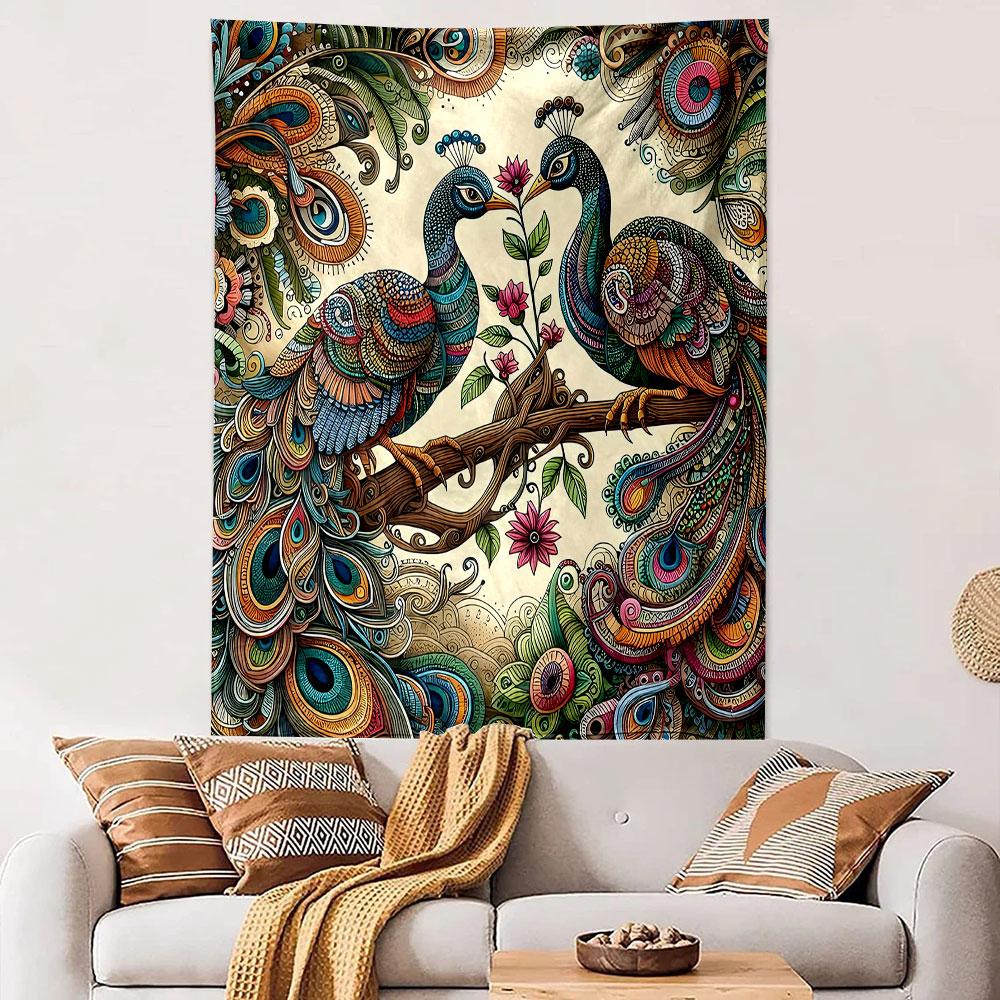 Colorful Peacock Pair with Floral Motifs Patterned Tapestry Decorative Wall Hanging, Home Bedroom Living Room Decor