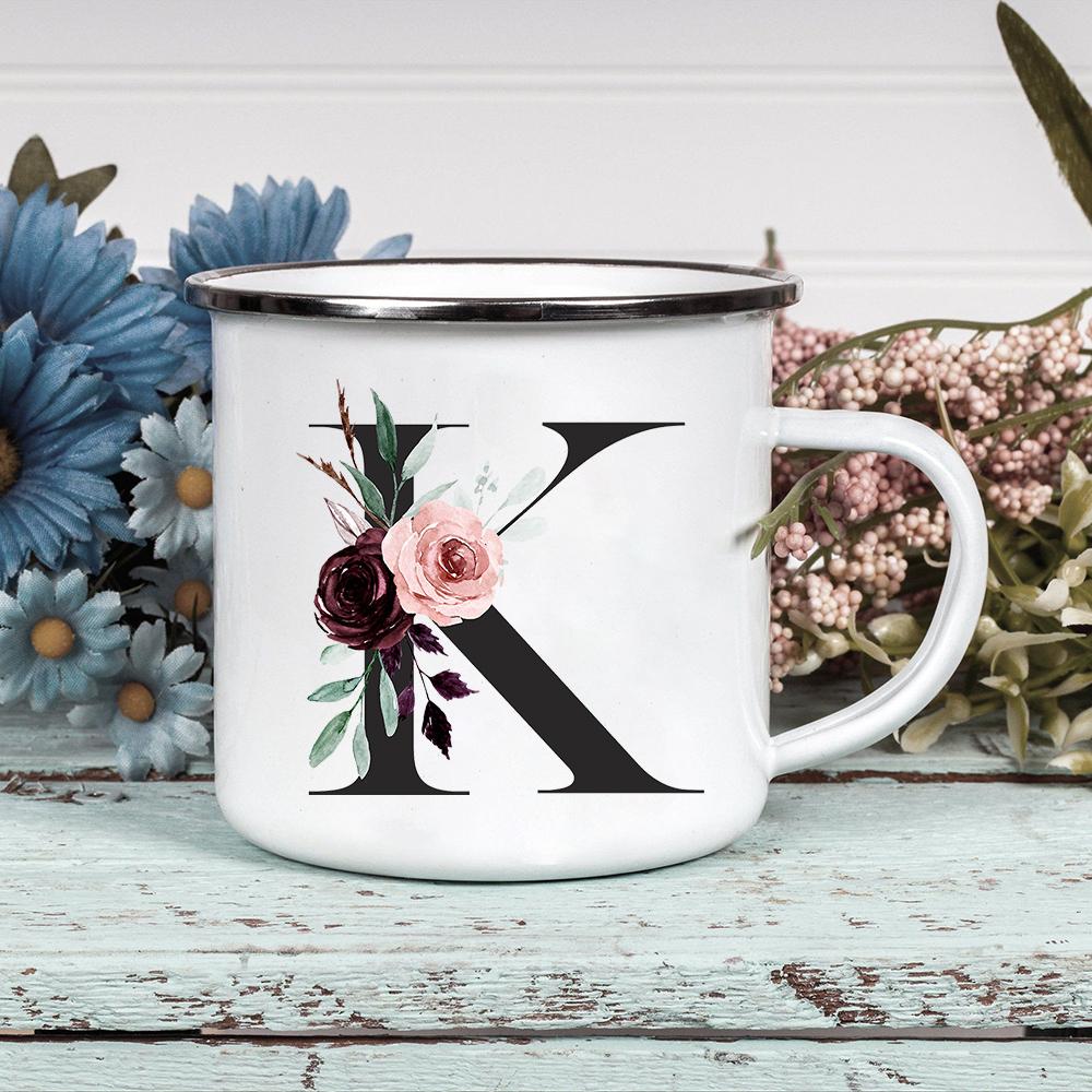Alphabet Blumen A-Z Vintage Emaille Kaffee Tee Tassen Urlaub Camping Getränke Saft Bier Tassen Zuhause Büro Milch Tasse Geburtstagsgeschenke