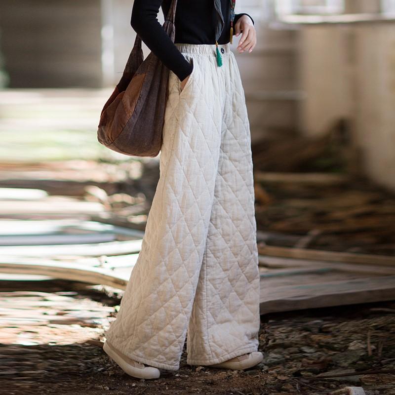 

Johnature Women Vintage Winter Straight Pants Warm Trousers Elastic Waist Solid Color Pants One Size бежевый