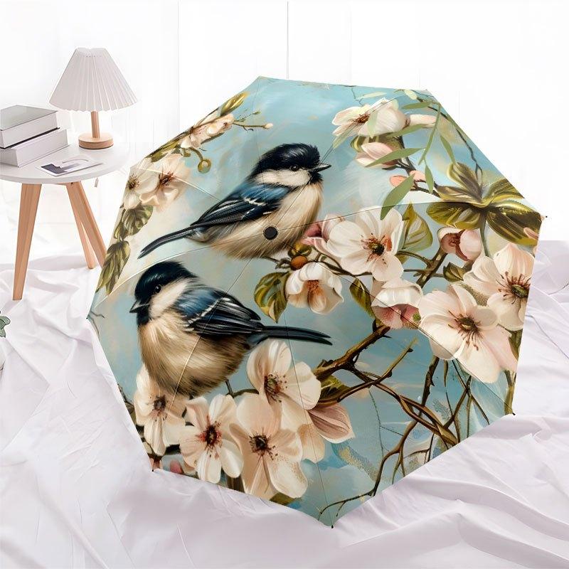 Two Birds Perched On A Rose Bush With Blooming Pink Flowers Automatic Umbrella With Folding Feature Retractable Design With 8 Rib Durability Compact