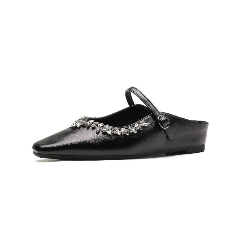 Cowhide version~ inner height increase 3CM pointed head silver rhinestone bag head half slippers women's shoes outer wear 2025 spring and summer metho