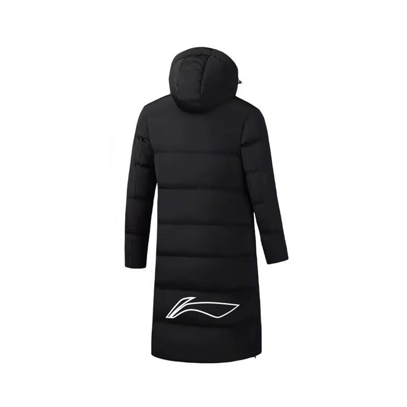 Li Ning Brand Logo Solid Color Outdoor Casual Knee-Length Warm Windproof Hooded Down Jacket Men Jacket Black YYMV233-1