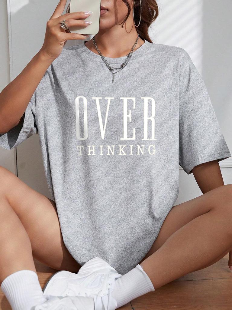Over Thinking Letter Print Women Cotton Short Sleeve Breathable Vintage ONeck Tops Allmath Casual TShirts Female Tee Clothing