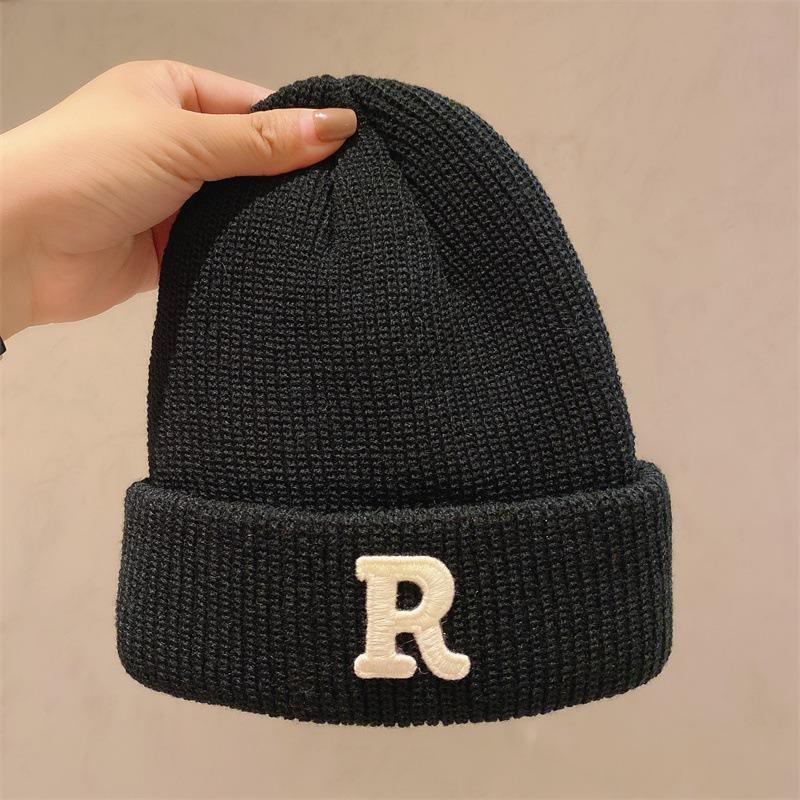 New autumn and winter R knitted wool hat casual versatile men's and women's thermal hats niche street trendy brand