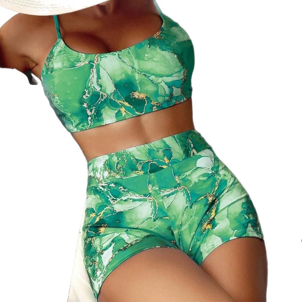 New Women's Bikini Set High Waist Print Separate Swimsuit One Piece Conservative Hip Cover Cross Border AE Stock Origin China