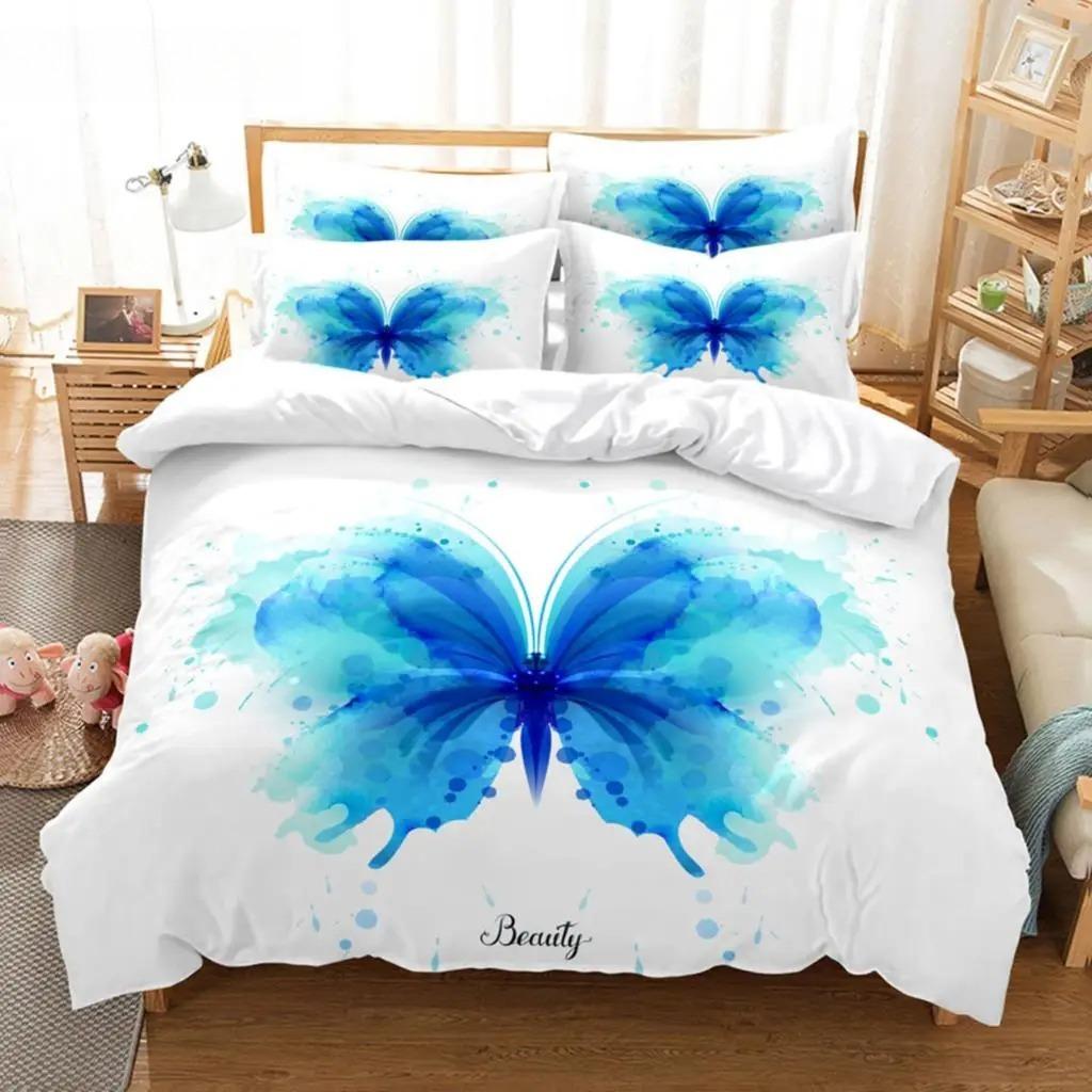 Blue Butterfly Duvet Cover Set King Size 220x240 Double Bed Single 3D Queen Bedding Sets Pink Full Twin Quilt Linen Pillowcase