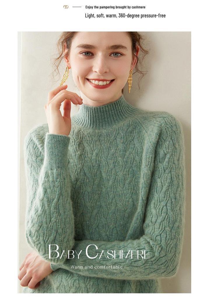 Women's Cable Knit Half-High Neck Cashmere Sweater - Loose, Thick, Warm Base Layer