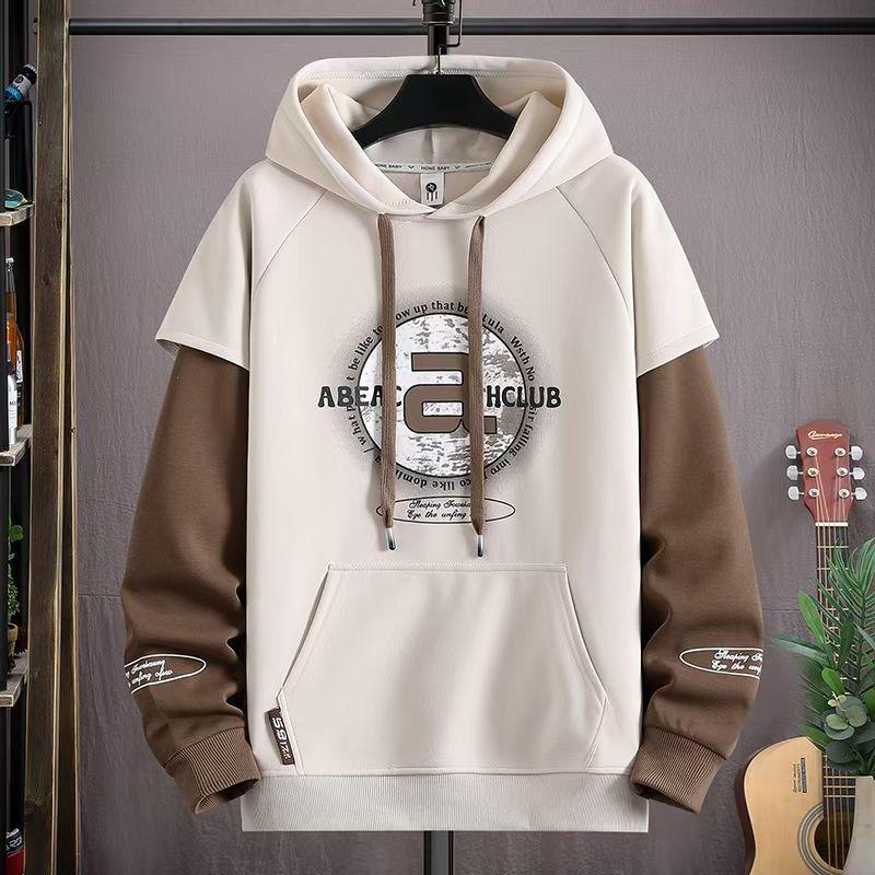 Men's Trendy Letter Print Hooded Sweatshirt - Spring & Autumn Faux Two-Piece Casual Sports Jacket
