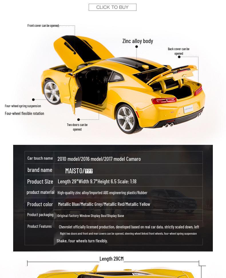 Maisto 1:18 2016 Chevrolet Camaro Bumblebee Alloy Model Car